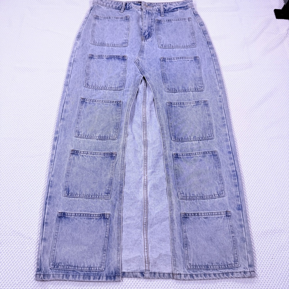 AKIRA Denim Maxi Skirt Women's L Blue 10 Pocket Utility Cargo Y2K 100% Cotton